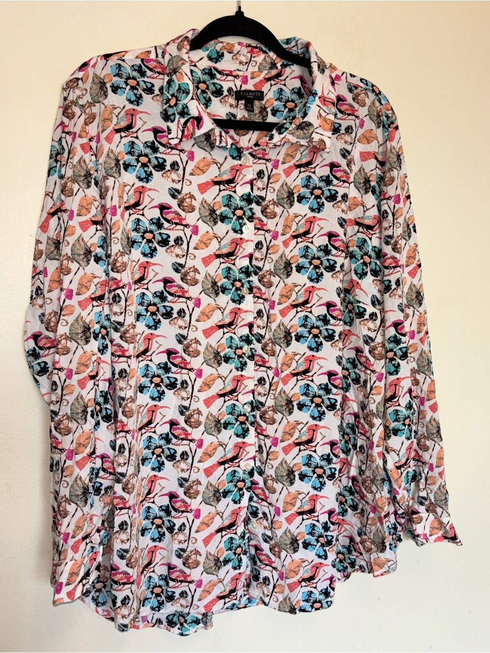 Talbots Women’s Shirt 3X Floral Bird Button Up Fairy Boho Preppy Nature Colorful